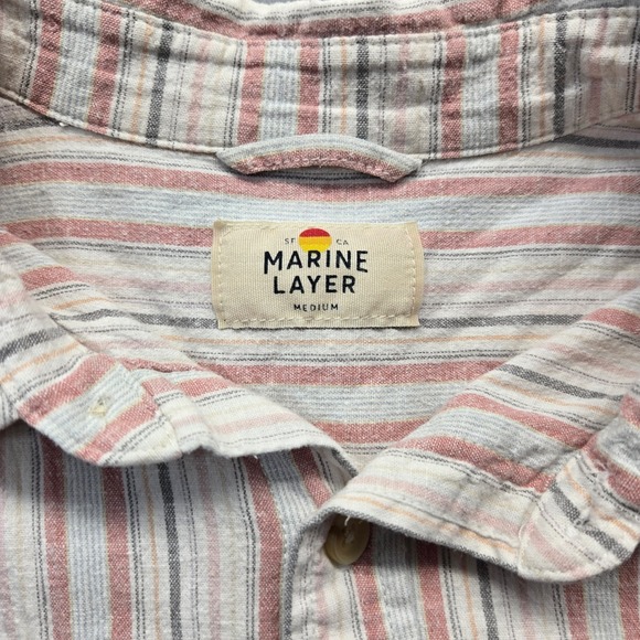 Marine Layer Mens L Short Sleeve Button Down Shirt Striped Red Blue White Hemp - Picture 3 of 8
